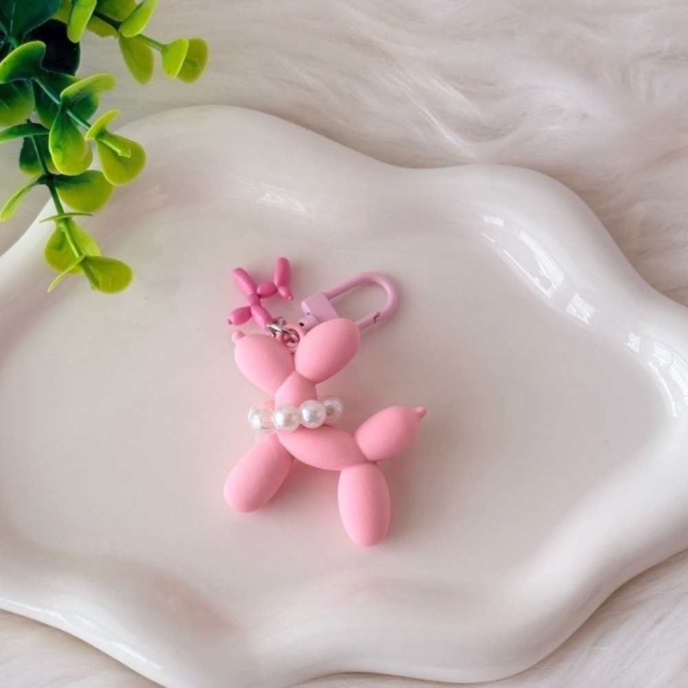 Pink Balloon Dog‎ with Pearl Collar Keychain/Bag Charm